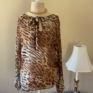 Leopard Silk Blouse with Tie Neck and Blouson Sleeves L